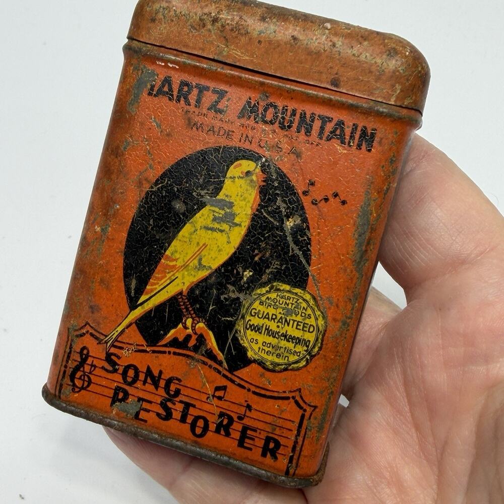 Vintage Hartz Mountain Song Restorer Bird Food Tin Orange Canary Seed USA